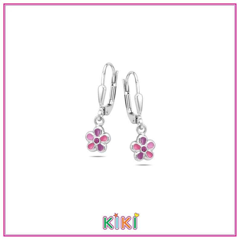 Zilveren kinderoorbellen met hangertjes bloemetjes roze/paars | Kiki - Staartjes en Strikjes