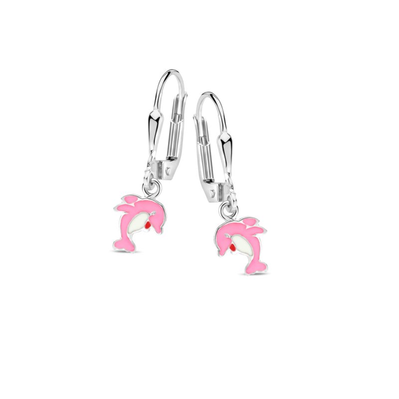 Zilveren kinderoorbellen met hangertjes dolfijn roze Naiomy princess - Staartjes en Strikjes