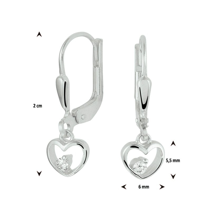 Zilveren kinderoorbellen met hangertjes hartjes open zirconia - Staartjes en Strikjes