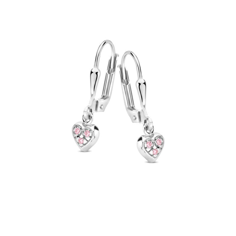 Zilveren kinderoorbellen met hangertjes hartjes roze zirconia Naiomy princess - Staartjes en Strikjes
