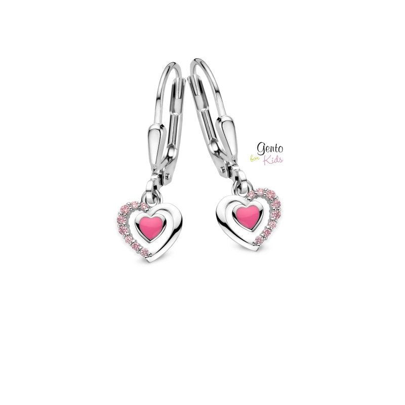 Zilveren kinderoorbellen met hangertjes hartjes zilver/roze Gento for kids - Staartjes en Strikjes