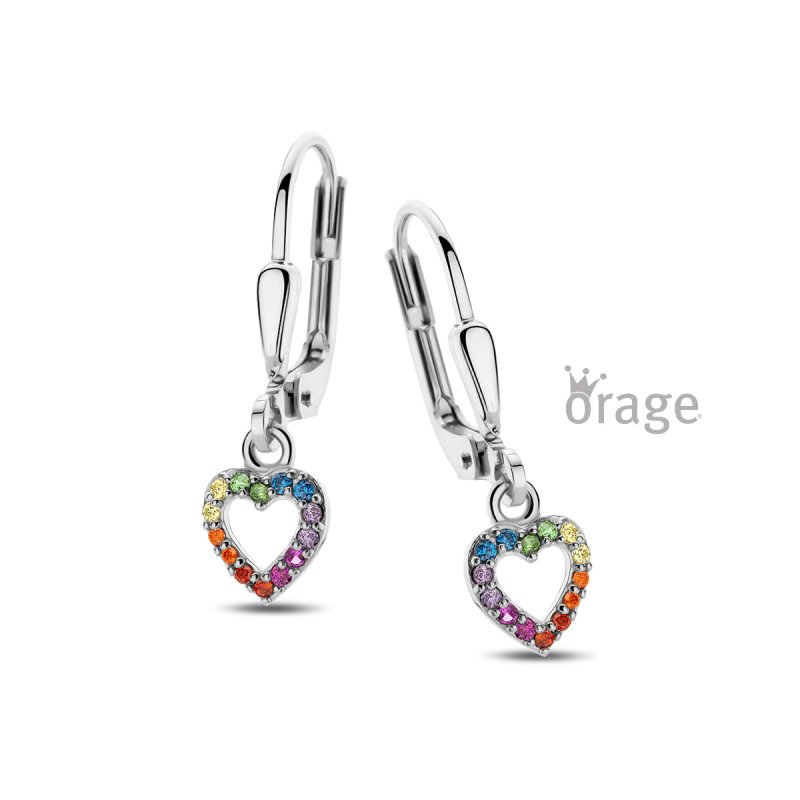Zilveren kinderoorbellen met hangertjes hartjes zirconia Orage Kids - Staartjes en Strikjes