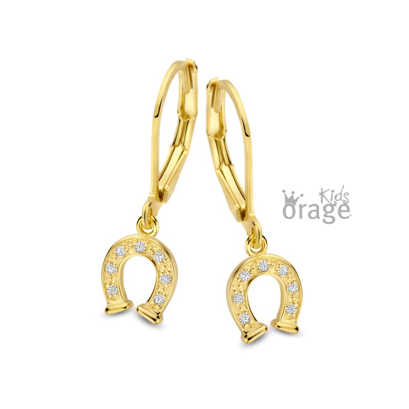 Zilveren kinderoorbellen met hangertjes hoefijzer goldplated met zirconia Orage Kids - Staartjes en Strikjes