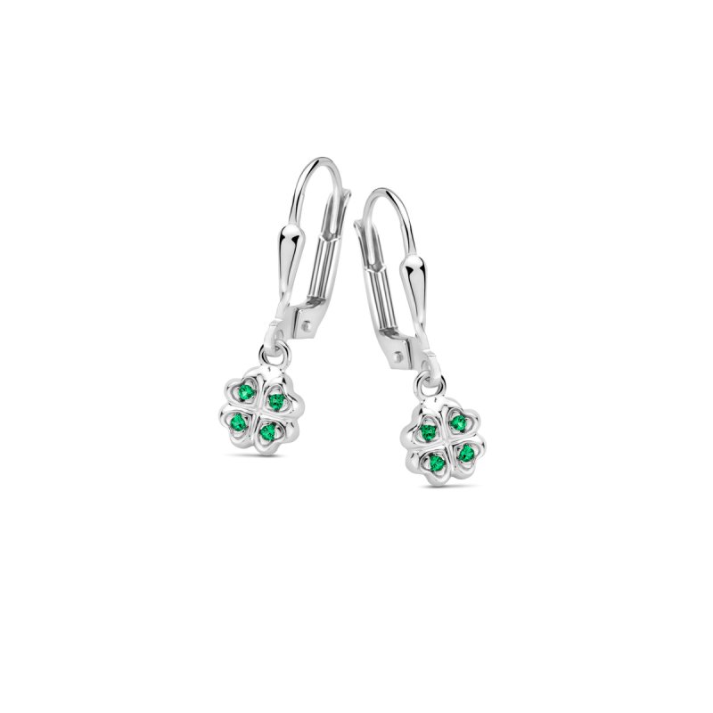 Zilveren kinderoorbellen met hangertjes klaver groene zirconia Naiomy princess - Staartjes en Strikjes