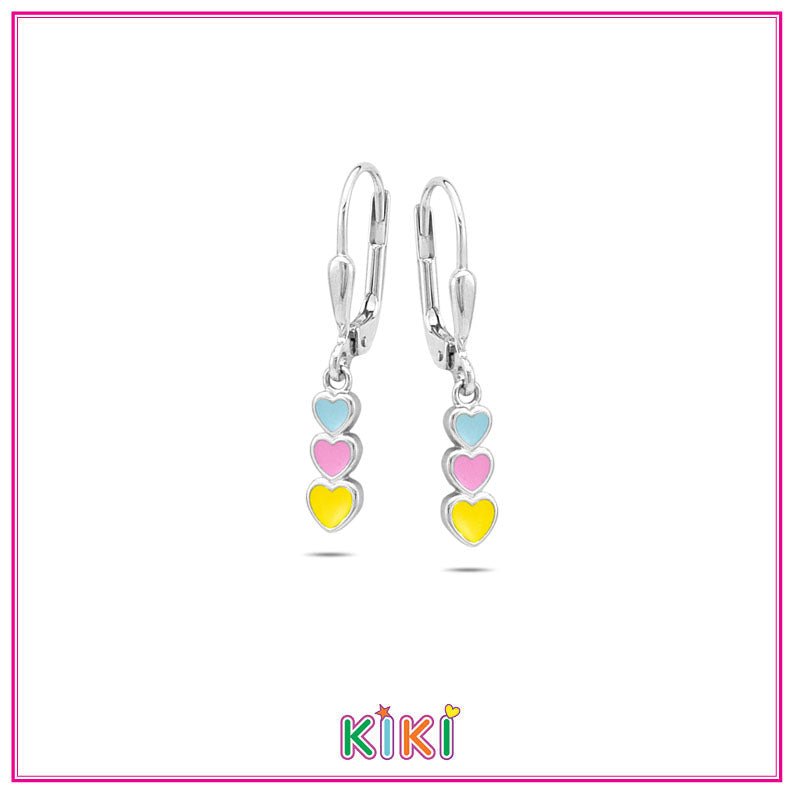 Zilveren kinderoorbellen met hangertjes multicolor hartjes | Kiki - Staartjes en Strikjes