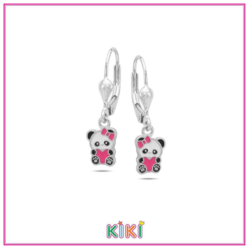 Zilveren kinderoorbellen met hangertjes panda roze | Kiki - Staartjes en Strikjes