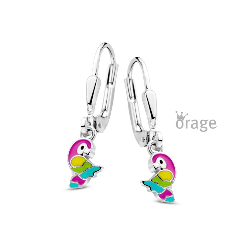 Zilveren kinderoorbellen met hangertjes papegaai - Orage Kids - Staartjes en Strikjes