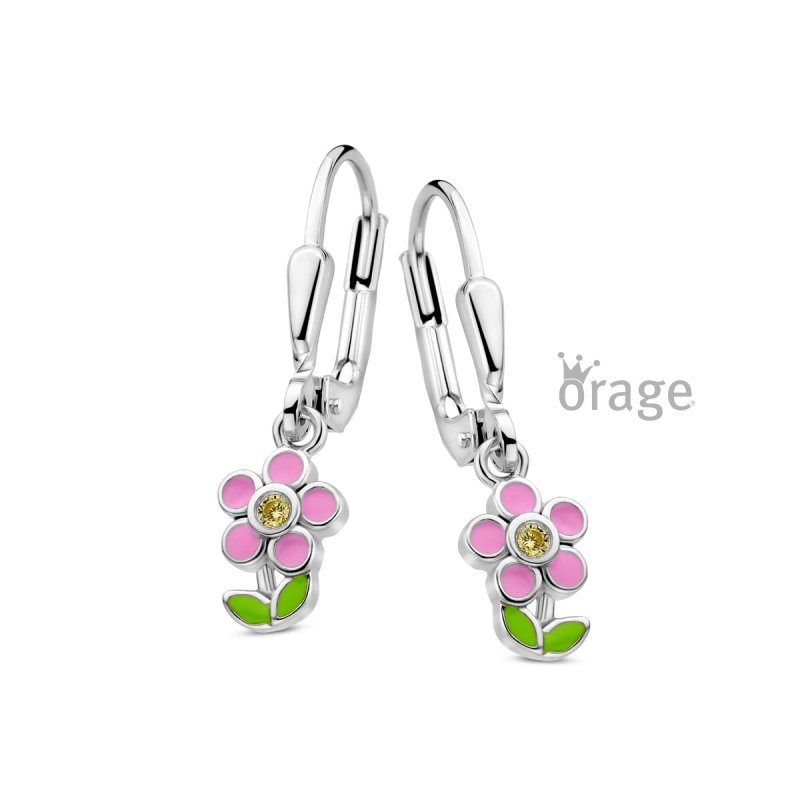 Zilveren kinderoorbellen met hangertjes roze bloemen - Orage Kids - Staartjes en Strikjes