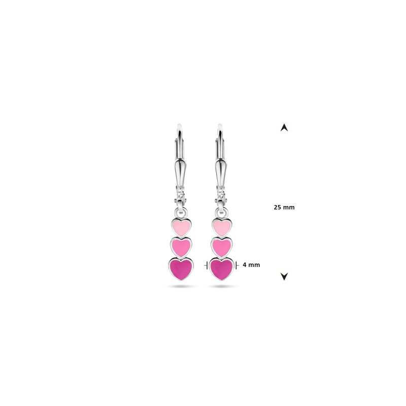 Zilveren kinderoorbellen met hangertjes roze hartjes - Staartjes en Strikjes
