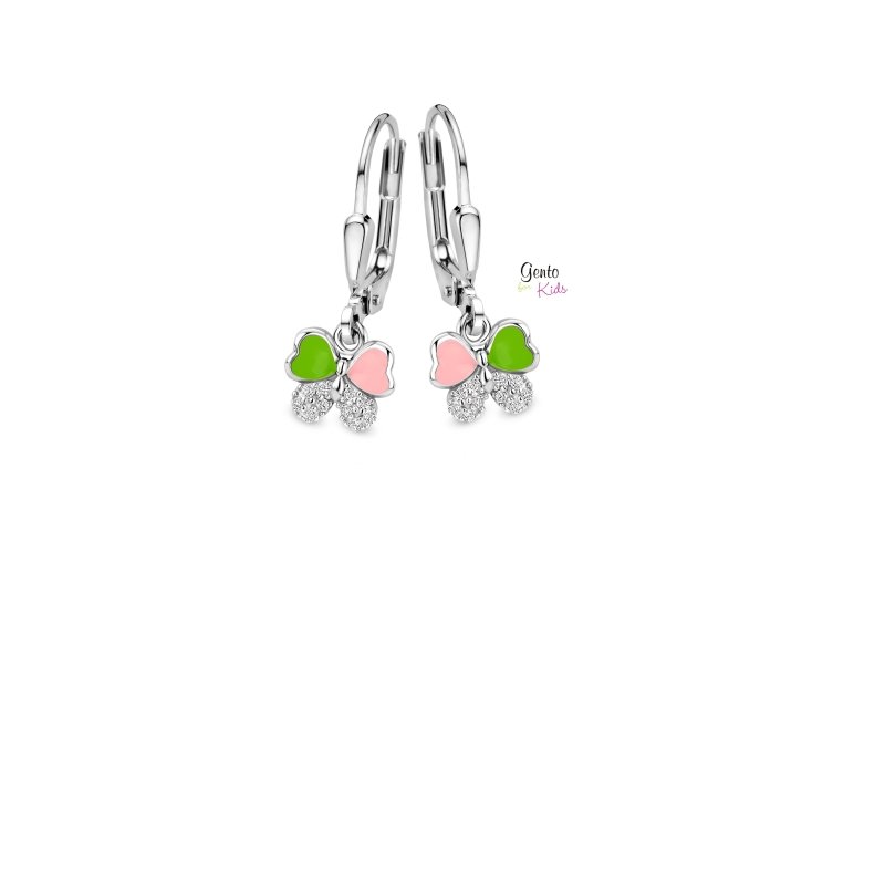 Zilveren kinderoorbellen met hangertjes vlinder roze/groen - Gento for kids - Staartjes en Strikjes