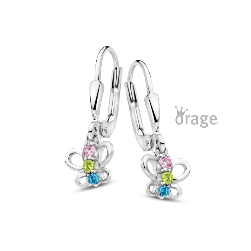 Zilveren kinderoorbellen met hangertjes vlinder zirconia - Orage Kids - Staartjes en Strikjes