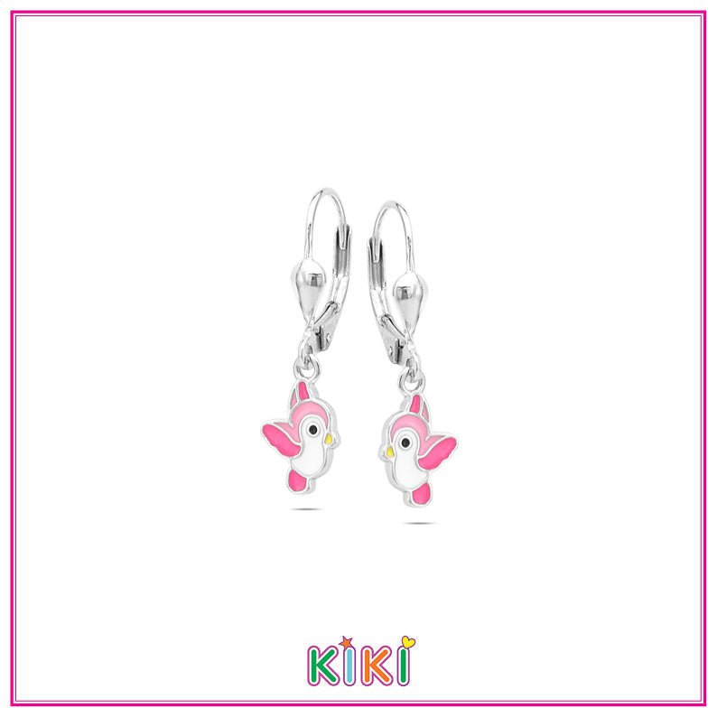 Zilveren kinderoorbellen met hangertjes vogeltjes roze | Kiki - Staartjes en Strikjes