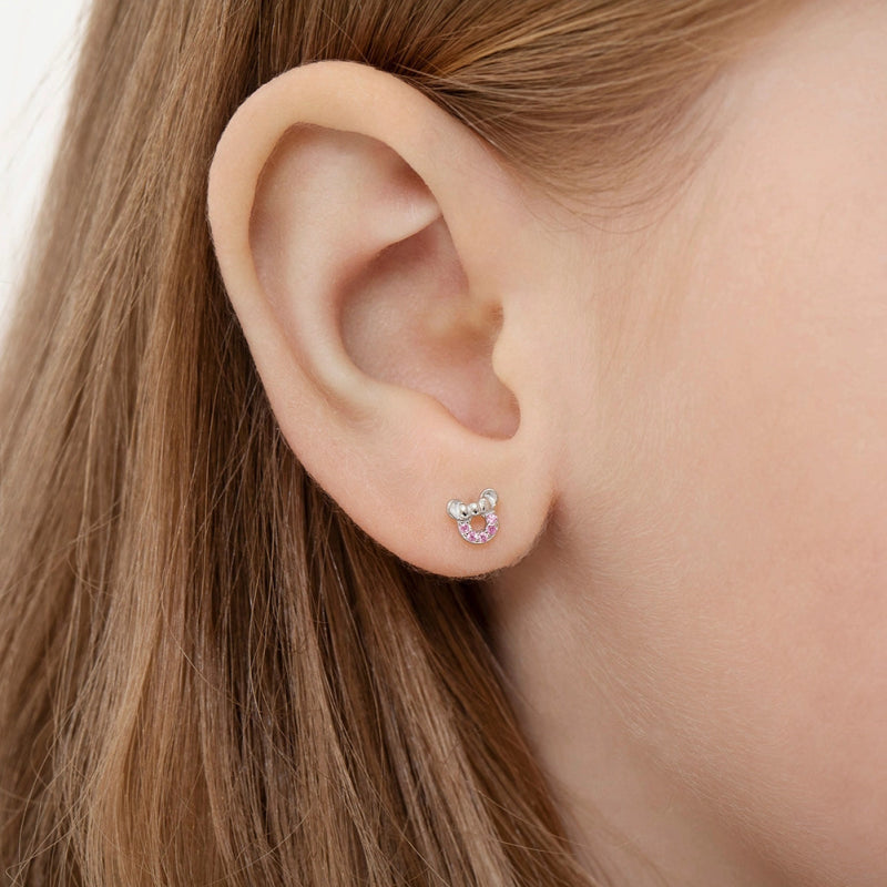 Zilveren kinderoorbellen muis lichtroze zirconia | schroefsluiting - Staartjes en Strikjes