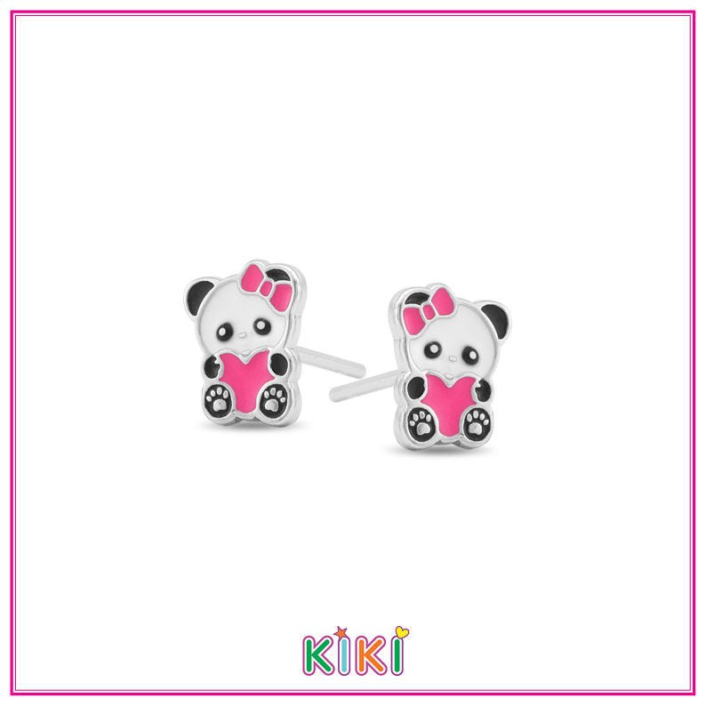 Zilveren kinderoorbellen panda roze | Kiki - Staartjes en Strikjes