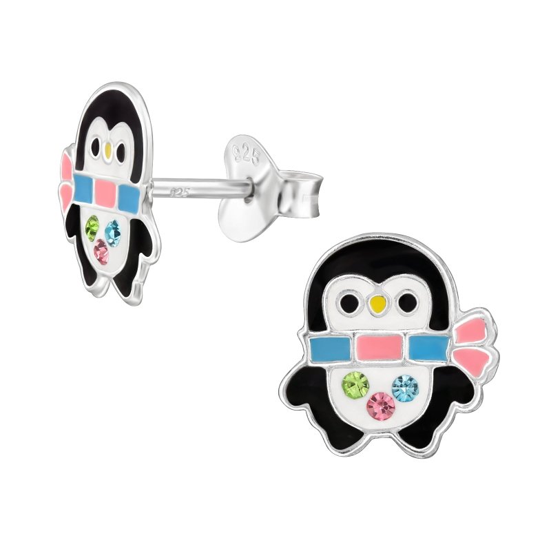 Zilveren kinderoorbellen pinguin met sjaaltje - Staartjes en Strikjes