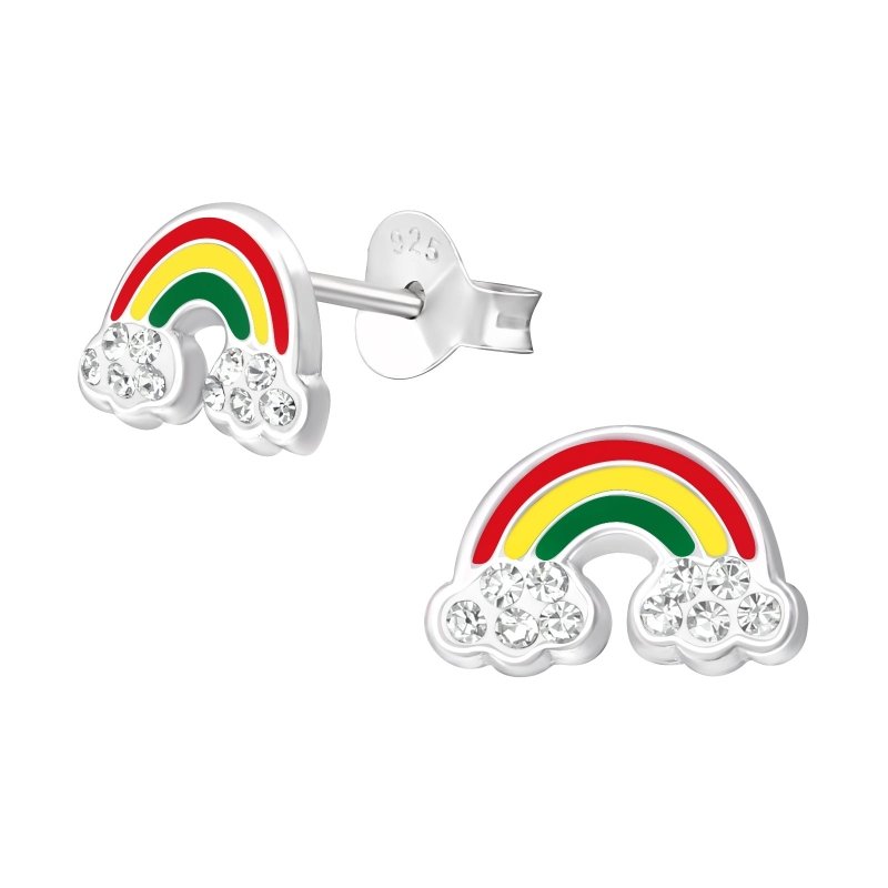 Zilveren kinderoorbellen regenboog met kristalletjes - Staartjes en Strikjes