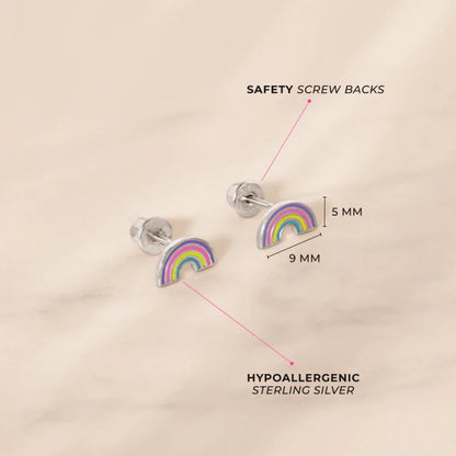 Zilveren kinderoorbellen regenboog | schroefsluiting - Staartjes en Strikjes