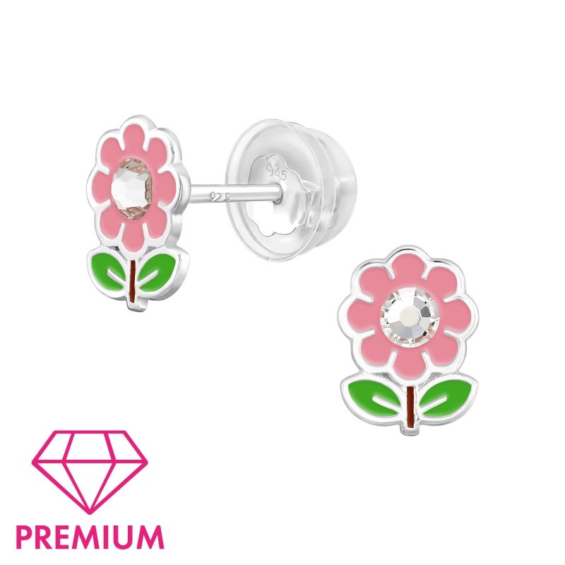 Zilveren kinderoorbellen roze bloemetje met kristalletje - Staartjes en Strikjes