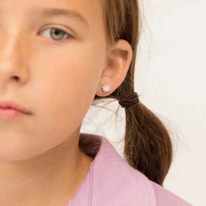 Zilveren kinderoorbellen roze bloemetje | schroefsluiting - Staartjes en Strikjes
