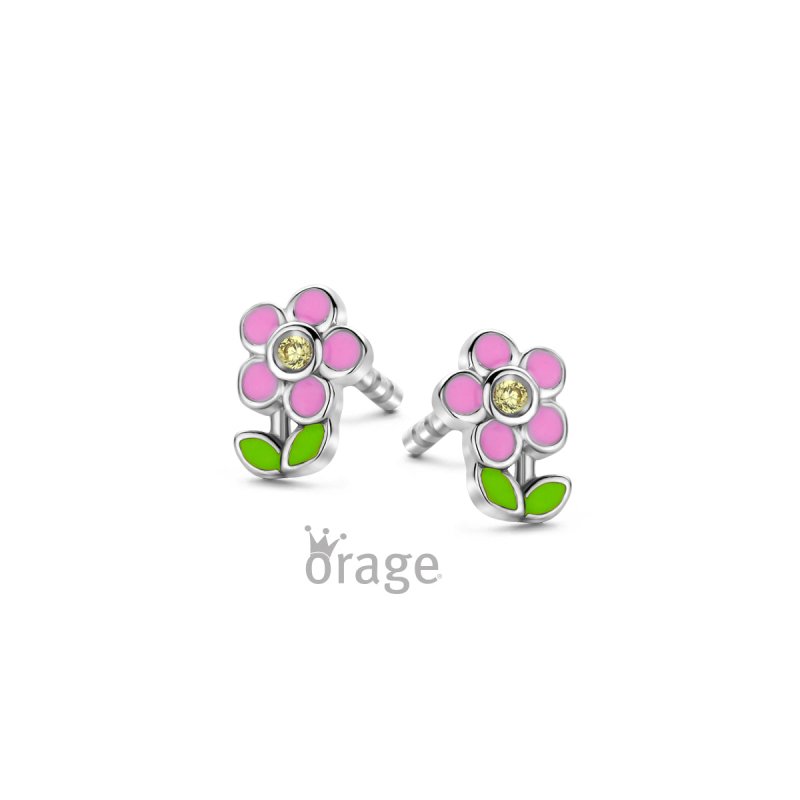 Zilveren kinderoorbellen roze bloemetje zirconia - Orage Kids - Staartjes en Strikjes