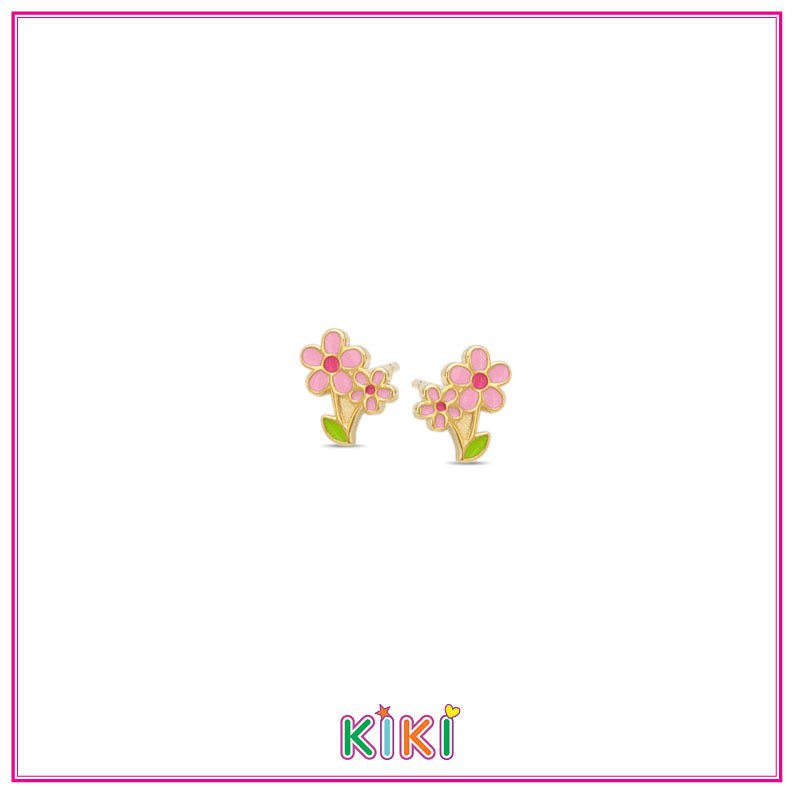 Zilveren kinderoorbellen roze bloemetjes goldplated | Kiki - Staartjes en Strikjes