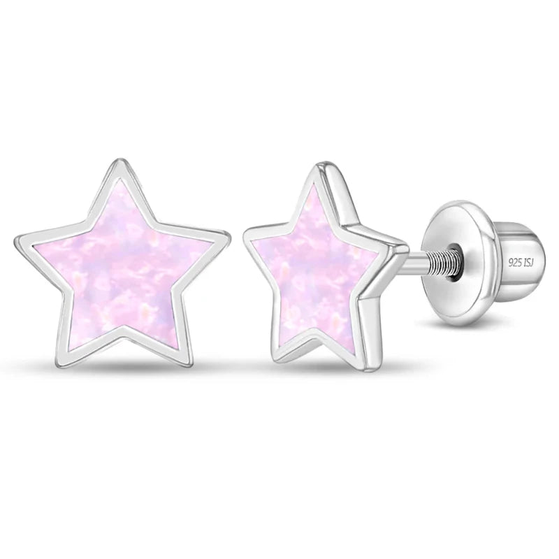 Zilveren kinderoorbellen sterretje opaal look roze | schroefsluiting - Staartjes en Strikjes