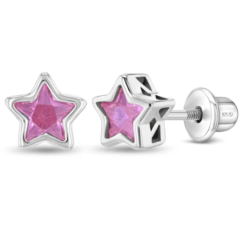Zilveren kinderoorbellen sterretje roze zirconia | schroefsluiting - Staartjes en Strikjes