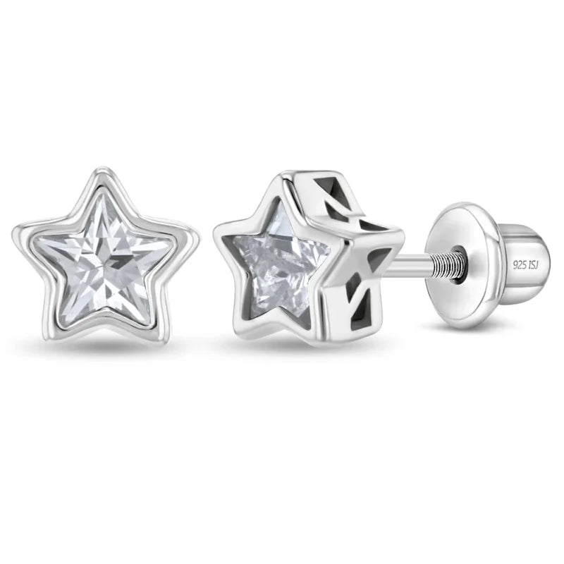Zilveren kinderoorbellen sterretje zirconia | schroefsluiting - Staartjes en Strikjes