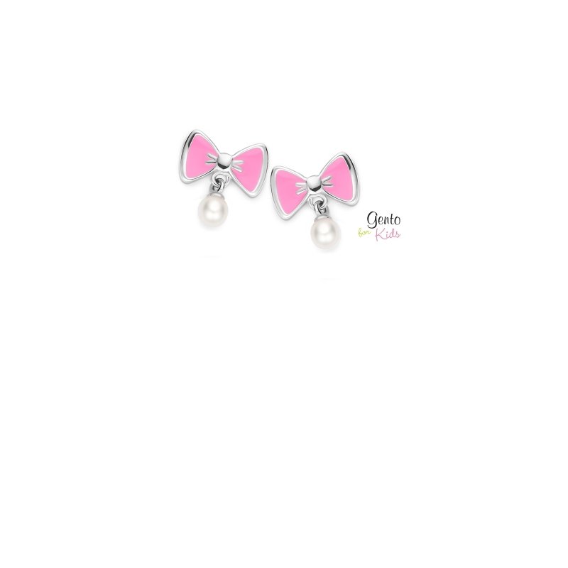 Zilveren kinderoorbellen strikje met pareltje Gento for kids - Staartjes en Strikjes
