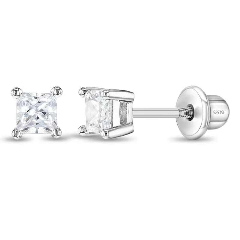 Zilveren kinderoorbellen vierkant knopje 3mm. zirconia | schroefsluiting - Staartjes en Strikjes