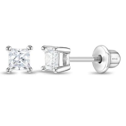 Zilveren kinderoorbellen vierkant knopje 3mm. zirconia | schroefsluiting - Staartjes en Strikjes