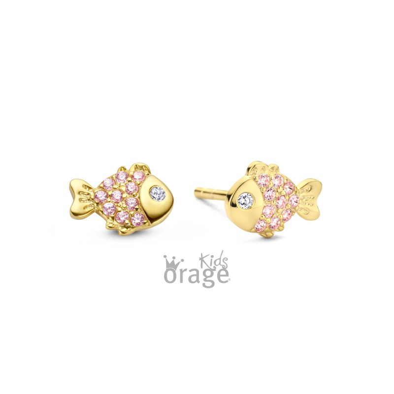 Zilveren kinderoorbellen visje goldplated met roze zirconia Orage kids - Staartjes en Strikjes