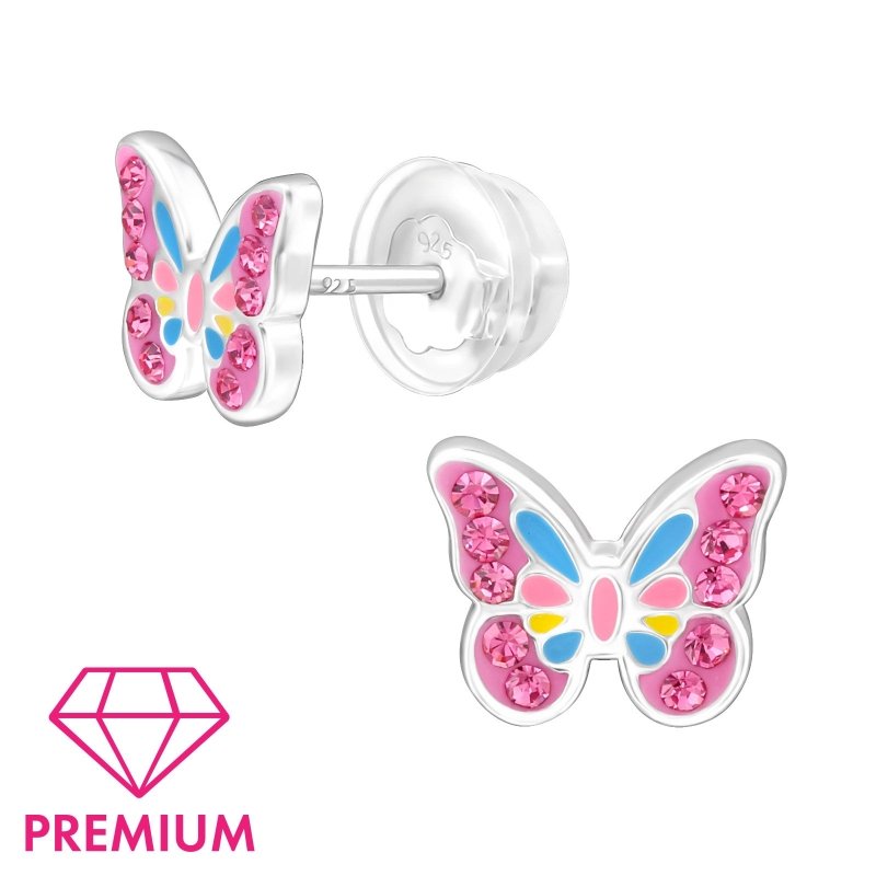 Zilveren kinderoorbellen vlinder roze - Staartjes en Strikjes
