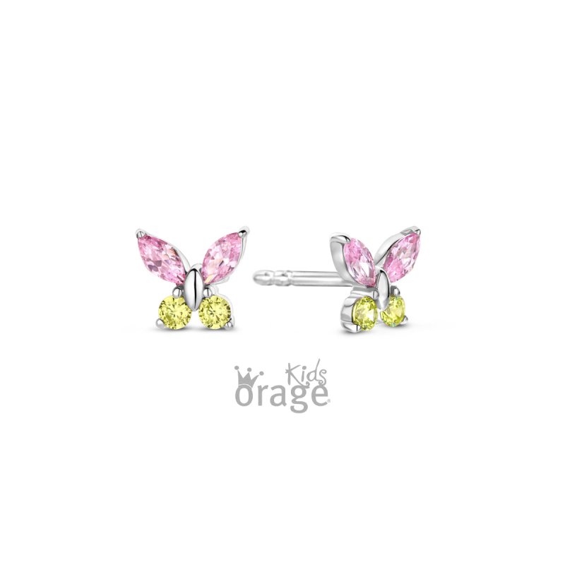 Zilveren kinderoorbellen vlinder roze/geel Orage kids - Staartjes en Strikjes