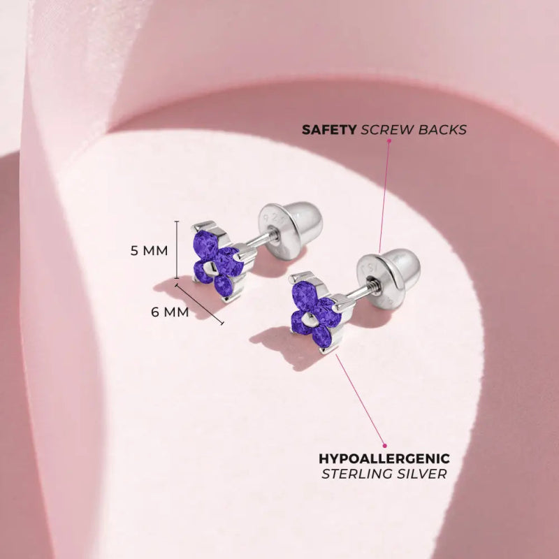 Zilveren kinderoorbellen vlinder zirconia paars | schroefsluiting - Staartjes en Strikjes