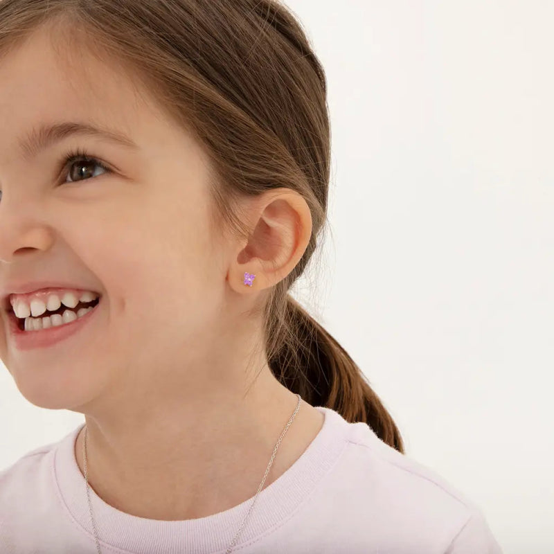 Zilveren kinderoorbellen vlinder zirconia roze | schroefsluiting - Staartjes en Strikjes