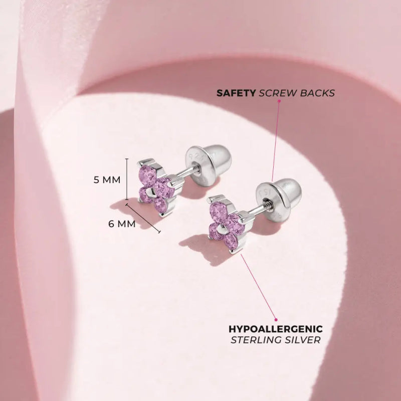 Zilveren kinderoorbellen vlinder zirconia roze | schroefsluiting - Staartjes en Strikjes