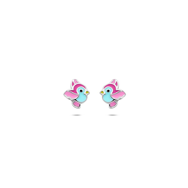 Zilveren kinderoorbellen vogeltjes roze/blauw - Staartjes en Strikjes