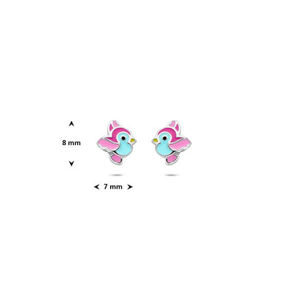 Zilveren kinderoorbellen vogeltjes roze/blauw - Staartjes en Strikjes