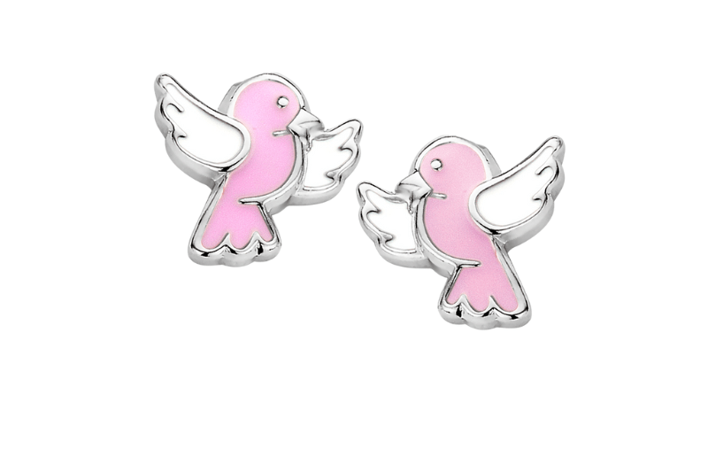 Zilveren kinderoorbellen vogeltjes roze/wit Gento for kids - Staartjes en Strikjes