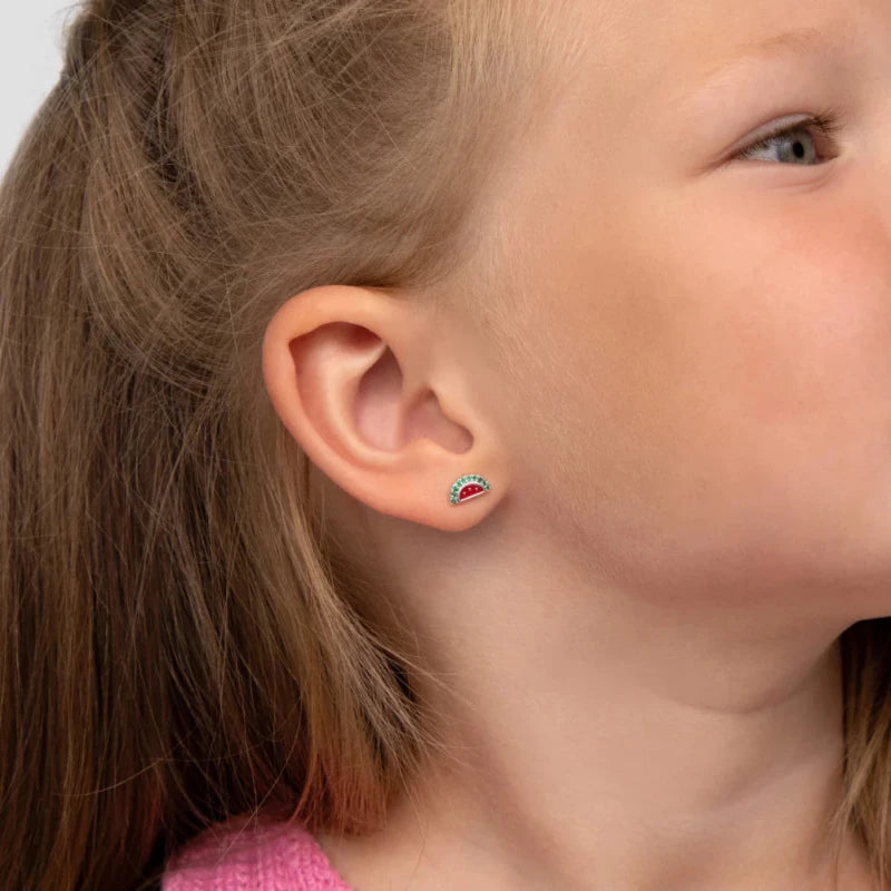 Zilveren kinderoorbellen watermeloen | schroefsluiting - Staartjes en Strikjes