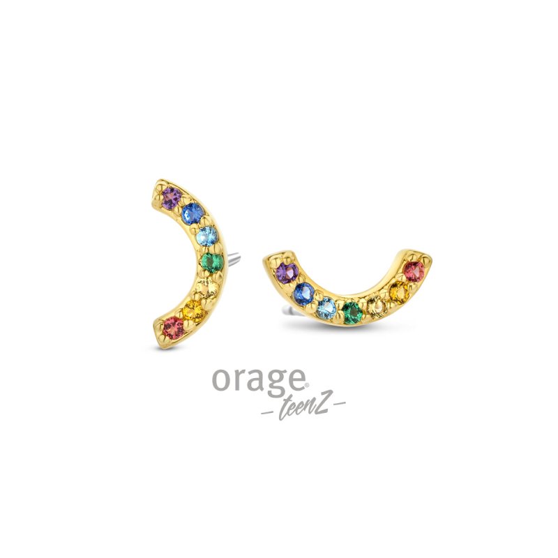 Zilveren oorbellen goldplated boogje multi color 9 mm. Orage Teenz - Staartjes en Strikjes