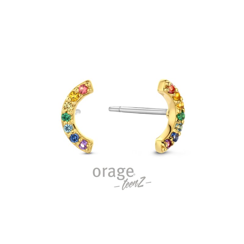 Zilveren oorbellen goldplated boogje multi color 9 mm. Orage Teenz - Staartjes en Strikjes