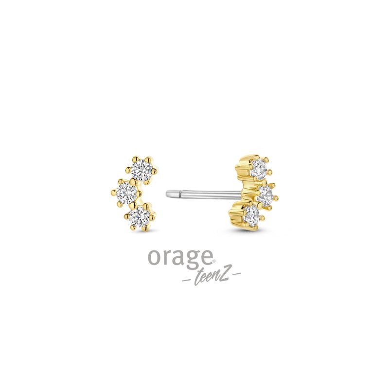 Zilveren oorbellen goldplated met 3 zirconiasteentjes Orage Teenz - Staartjes en Strikjes