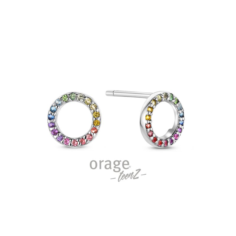 Zilveren oorbellen rond met multicolor zirconiasteentjes Orage Teenz - Staartjes en Strikjes