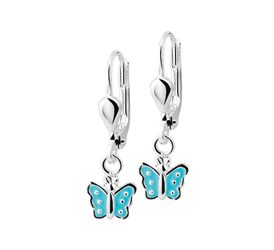 Silberne Kinderohrringe mit Anhängern, Schmetterlingen, aquablauen Punkten