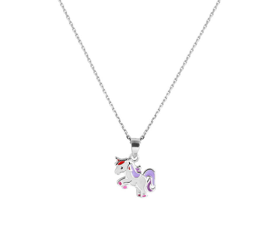 Silberkette Einhorn lila/rot