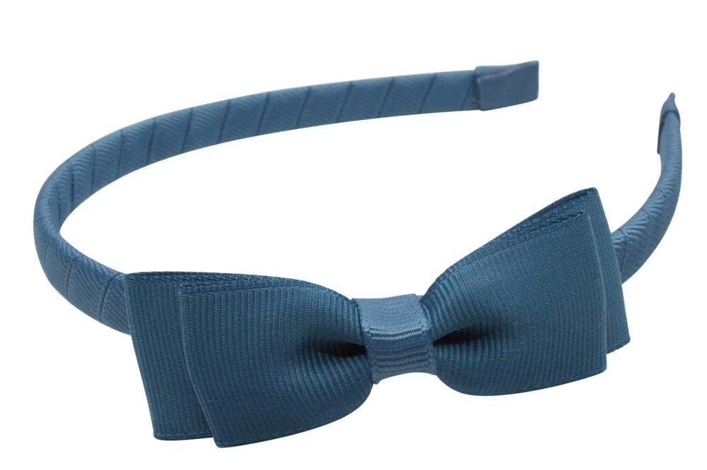 Diadeem/haarband antiek blauw met dubbel smal strikje - Staartjes en Strikjes