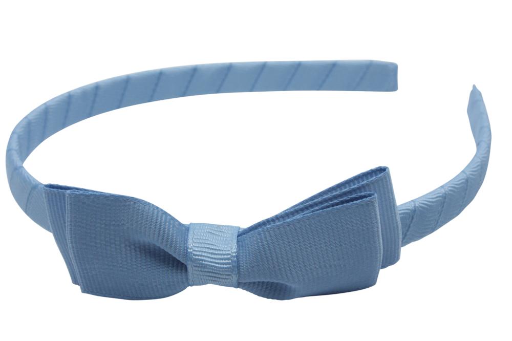 Diadeem/haarband zacht blauw met dubbel smal strikje - Staartjes en Strikjes
