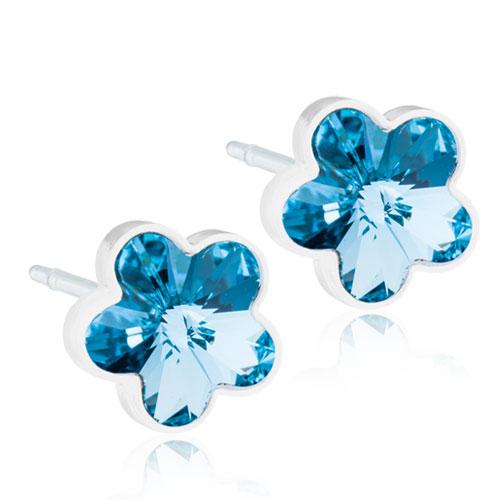 Oorbellen Blomdahl huidvriendelijk bloemetjes Swarovski crystal aqua blauw - Staartjes en Strikjes